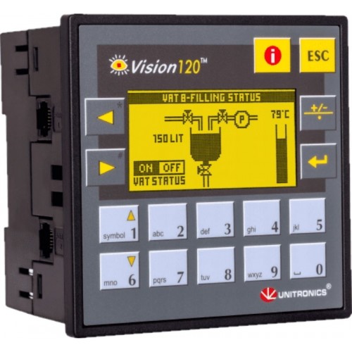 V120-22-R1 Контроллер Vision, экран 2,4 дюйма 16 клавиш, вх./вых: 10DI, 1AI, 6RO Unitronics